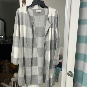 LOFT Gray and White Cardigan Sweater Buffalo Check